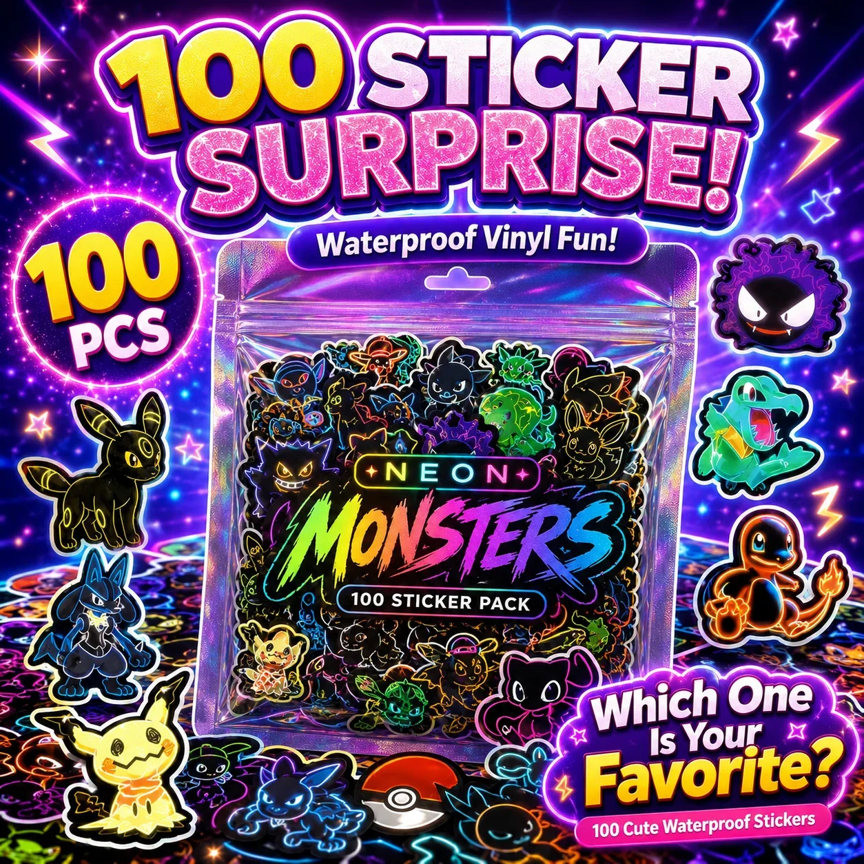 Luggage - 100 adesivi Pokémon neon impermeabili, decorazioni